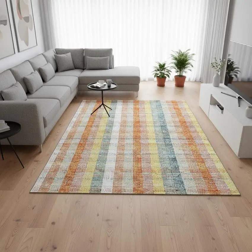 Peach Ivory And Yellow Plaid Washable Area Rug With UV Protection Photo 2