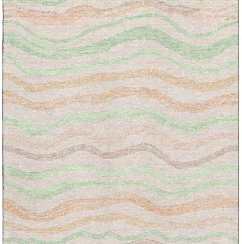 Peach Mint Green And Linen Striped Washable Area Rug With UV Protection Photo 2