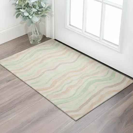 Peach Mint Green And Linen Striped Washable Area Rug With UV Protection Photo 2