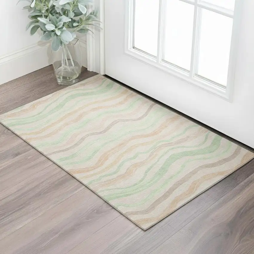 Peach Mint Green And Linen Striped Washable Area Rug With UV Protection Photo 2