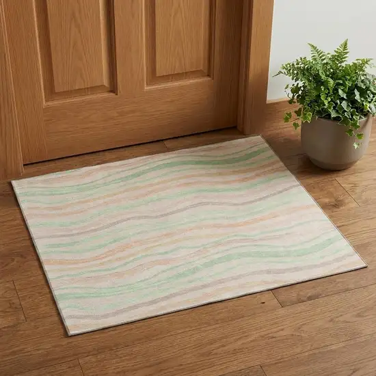 Peach Mint Green And Linen Striped Washable Area Rug With UV Protection Photo 1