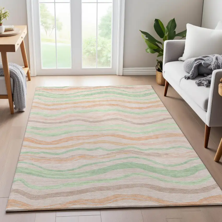 Peach Mint Green And Linen Striped Washable Area Rug With UV Protection Photo 5