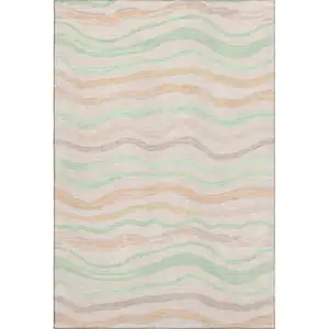 Photo of Peach Mint Green And Linen Striped Washable Area Rug With UV Protection