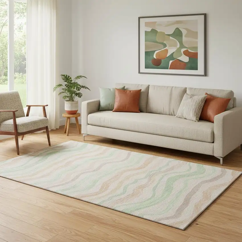 Peach Mint Green And Linen Striped Washable Area Rug With UV Protection Photo 2