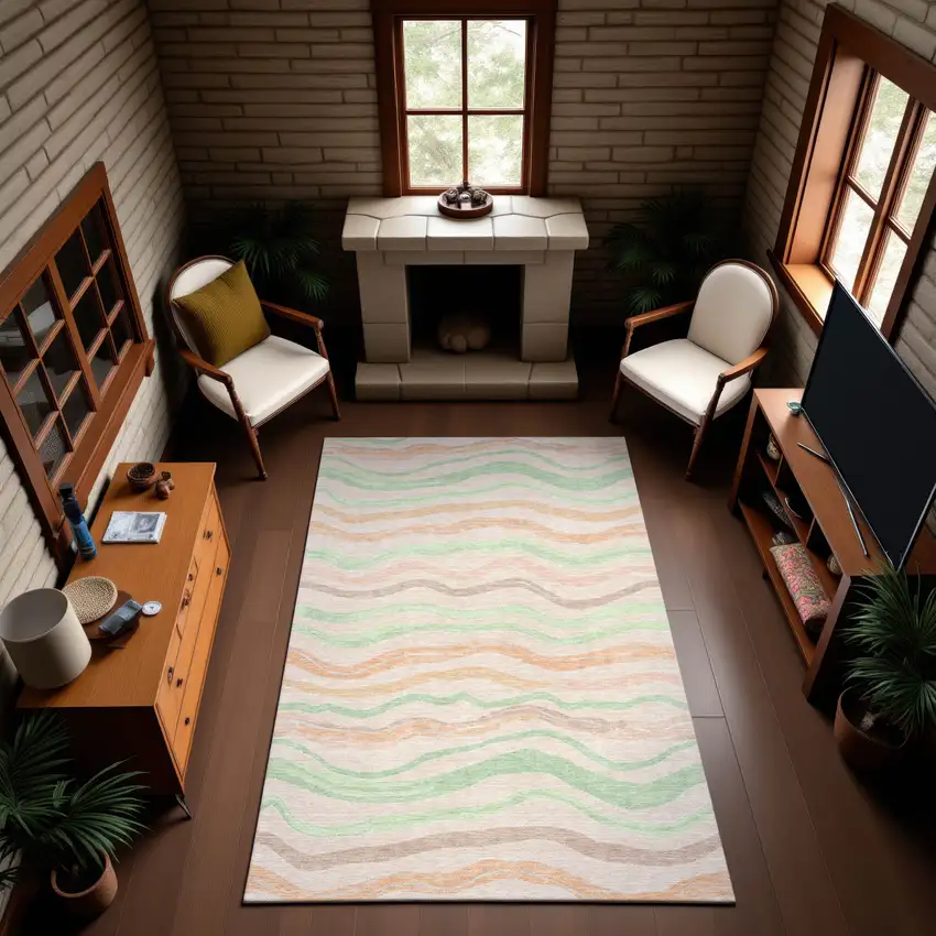 Peach Mint Green And Linen Striped Washable Area Rug With UV Protection Photo 4
