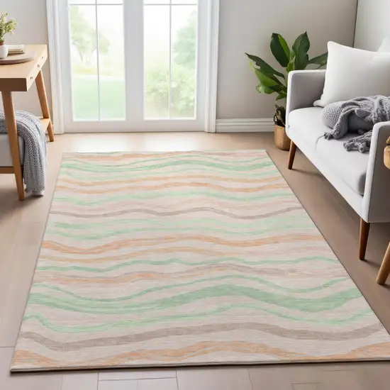 Peach Mint Green And Linen Striped Washable Area Rug With UV Protection Photo 5