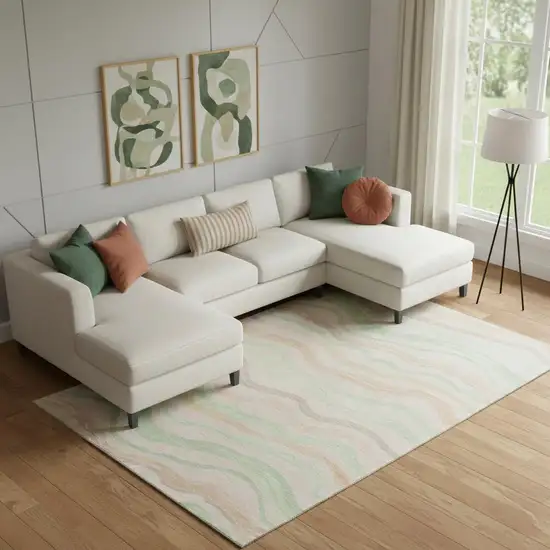 Peach Mint Green And Linen Striped Washable Area Rug With UV Protection Photo 2