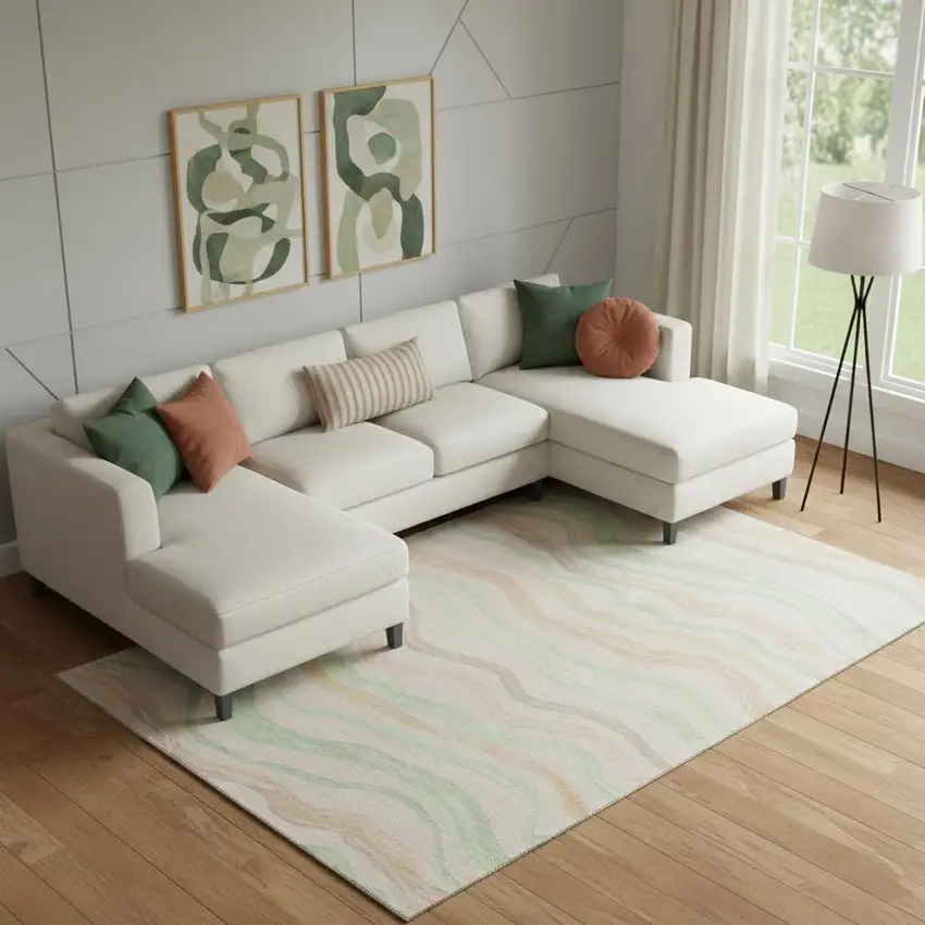 Peach Mint Green And Linen Striped Washable Area Rug With UV Protection Photo 2