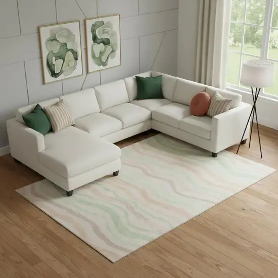 Peach Mint Green And Linen Striped Washable Area Rug With UV Protection Photo 2