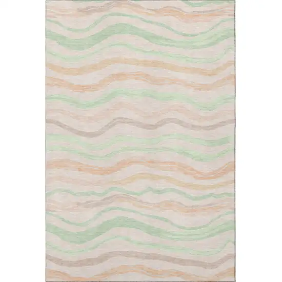 Peach Mint Green And Linen Striped Washable Area Rug With UV Protection Photo 2