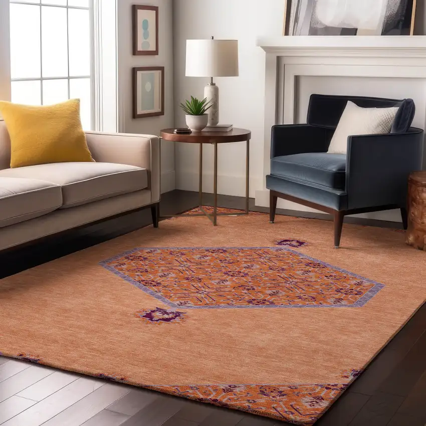 Peach Orange And Beige Oriental Washable Area Rug With UV Protection Photo 5