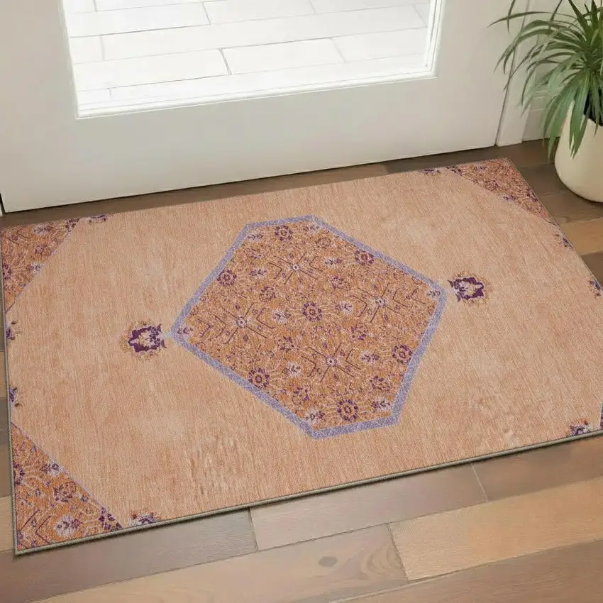 Peach Orange And Beige Oriental Washable Area Rug With UV Protection Photo 2
