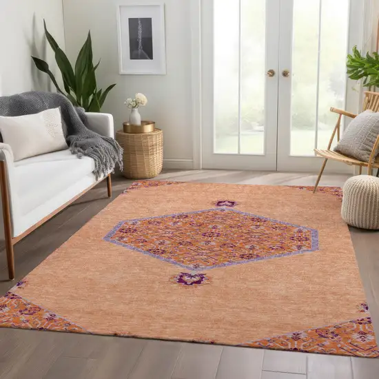 Peach Orange And Beige Oriental Washable Area Rug With UV Protection Photo 5