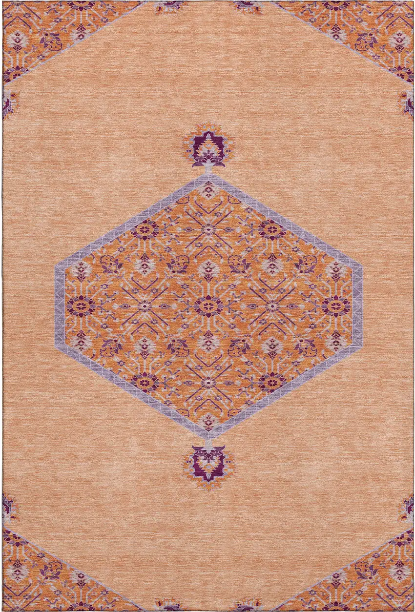 Peach Orange And Beige Oriental Washable Area Rug With UV Protection Photo 1