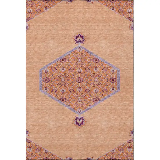 Peach Orange And Beige Oriental Washable Area Rug With UV Protection Photo 3