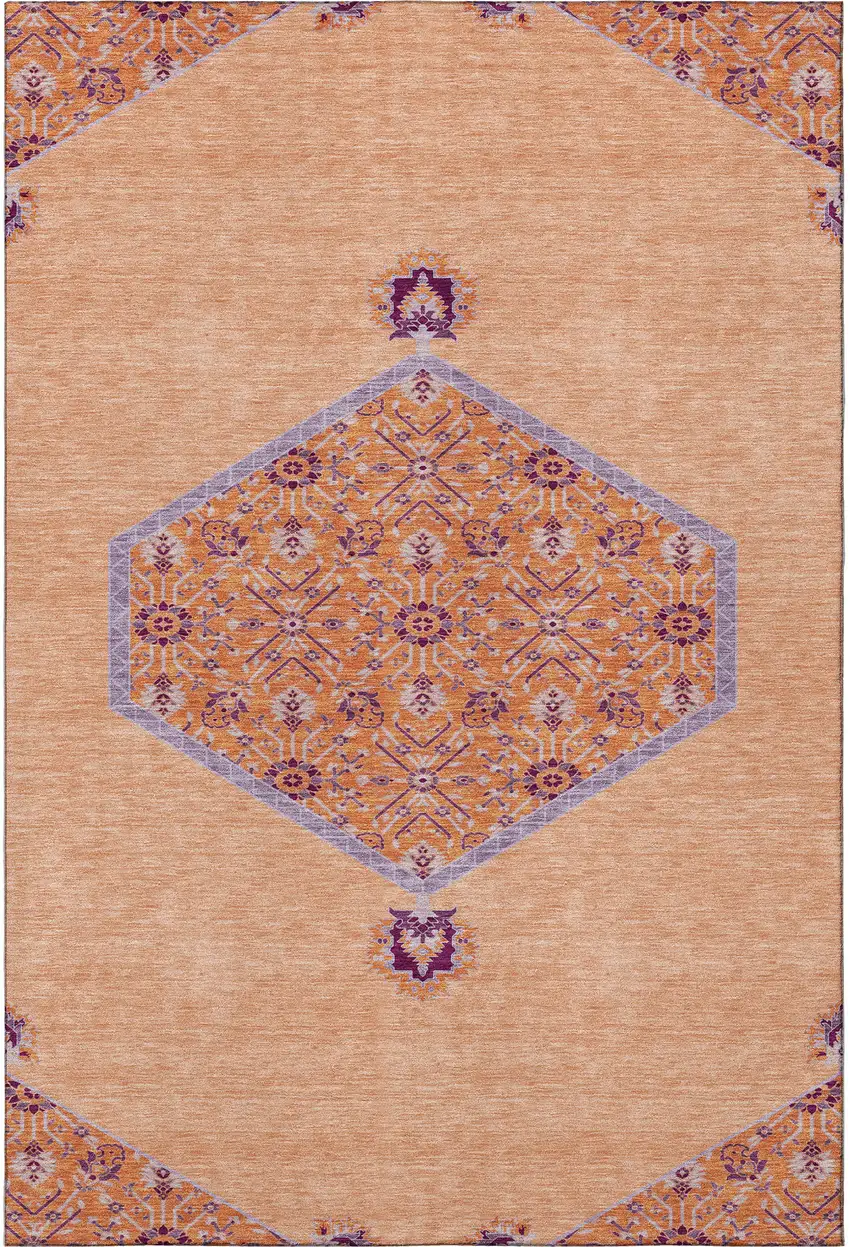 Peach Orange And Beige Oriental Washable Area Rug With UV Protection Photo 3