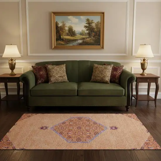 Peach Orange And Beige Oriental Washable Area Rug With UV Protection Photo 2