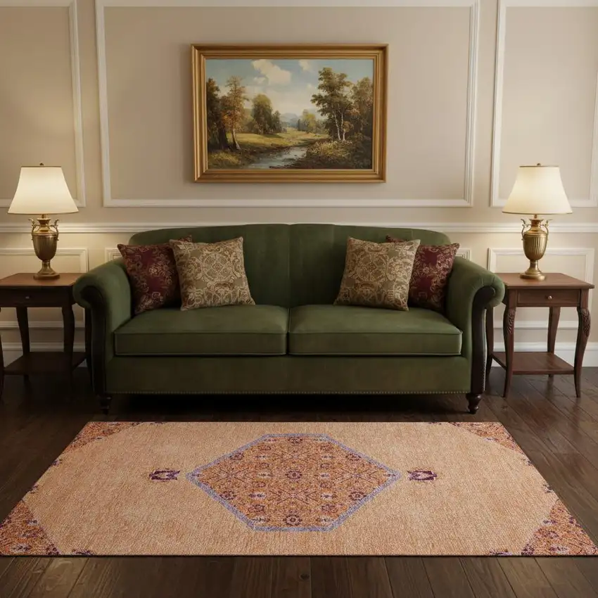 Peach Orange And Beige Oriental Washable Area Rug With UV Protection Photo 2