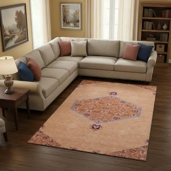 Peach Orange And Beige Oriental Washable Area Rug With UV Protection Photo 2