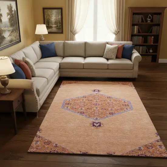 Peach Orange And Beige Oriental Washable Area Rug With UV Protection Photo 2