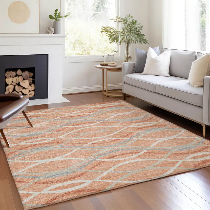 Peach Orange And Gray Abstract Washable Indoor Outdoor Area Rug Photo 6