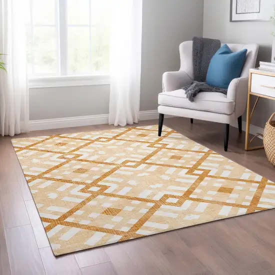 Peach Orange And Ivory Geometric Washable Indoor Outdoor Area Rug Photo 8
