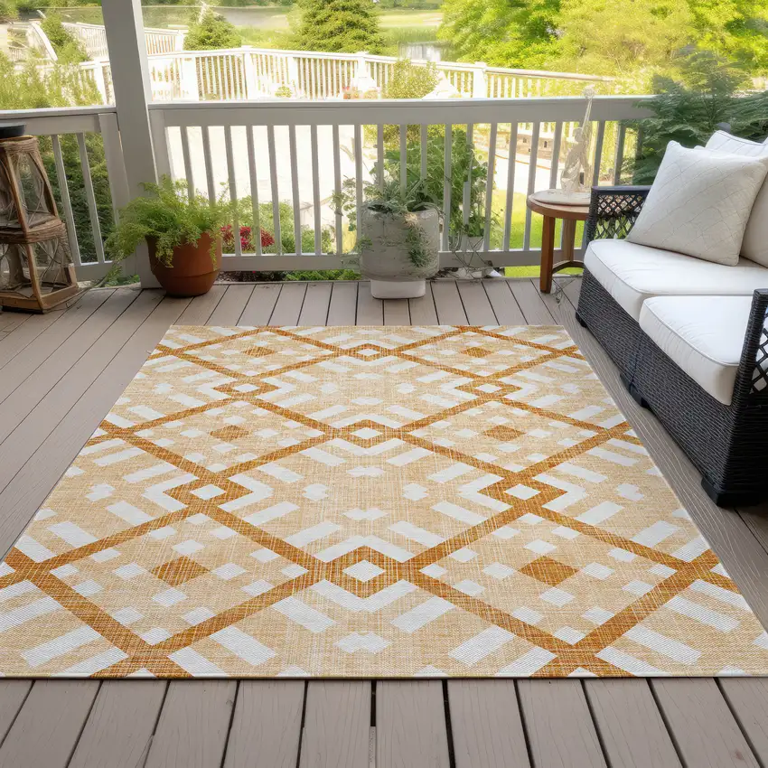 Peach Orange And Ivory Geometric Washable Indoor Outdoor Area Rug Photo 7
