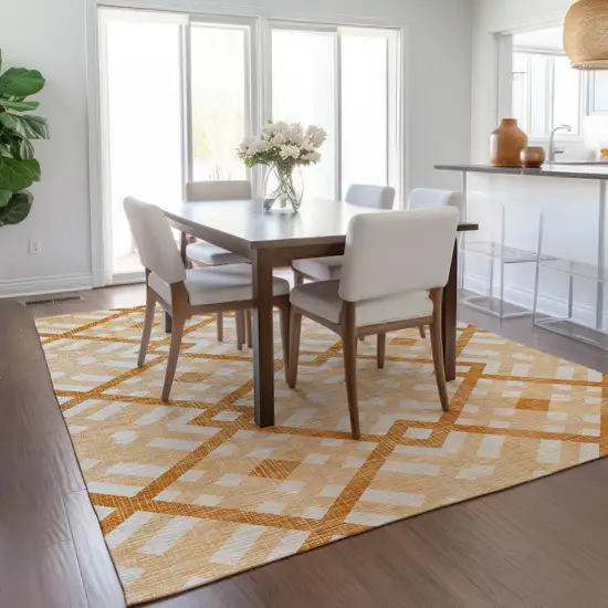 Peach Orange And Ivory Geometric Washable Indoor Outdoor Area Rug Photo 9