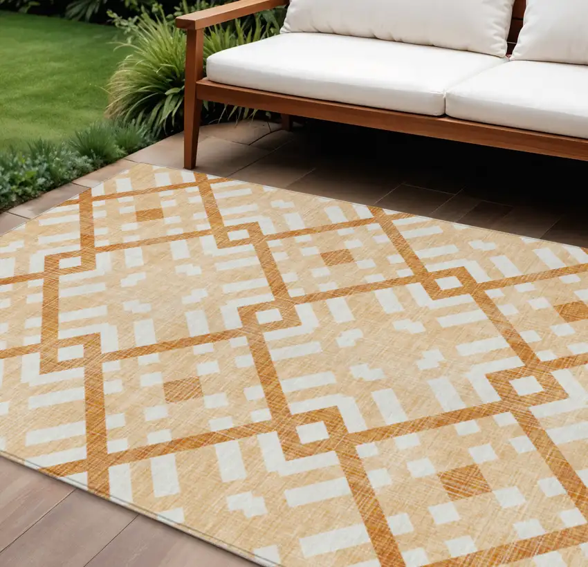 Peach Orange And Ivory Geometric Washable Indoor Outdoor Area Rug Photo 1