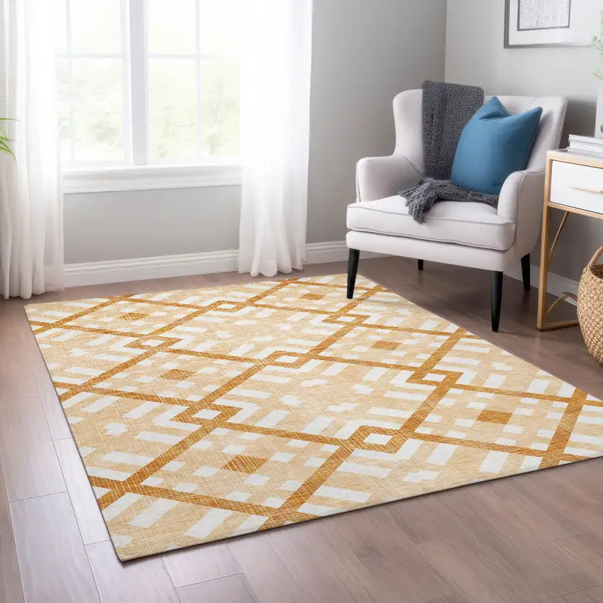 Peach Orange And Ivory Geometric Washable Indoor Outdoor Area Rug Photo 8