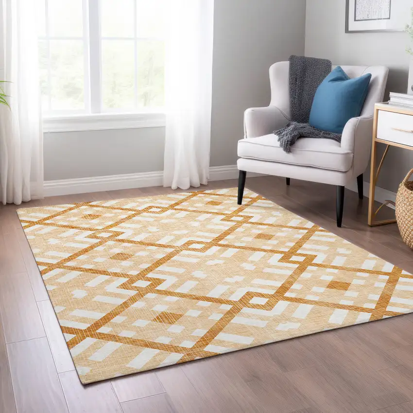 Peach Orange And Ivory Geometric Washable Indoor Outdoor Area Rug Photo 8
