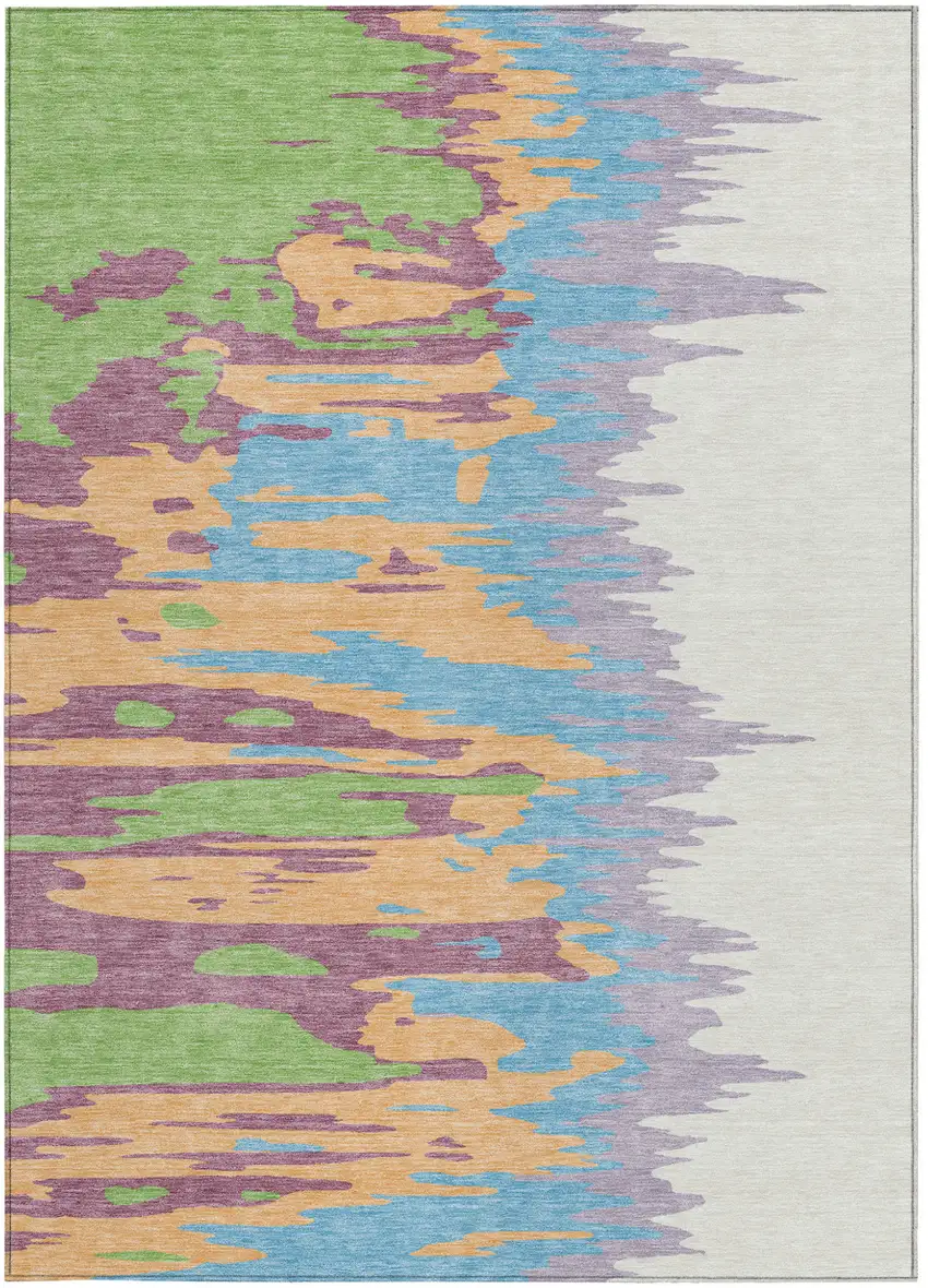 Peach Purple And Green Abstract Washable Indoor Outdoor Area Rug Photo 7
