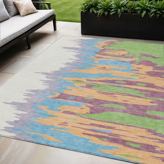 Peach Purple And Green Abstract Washable Indoor Outdoor Area Rug Photo 1