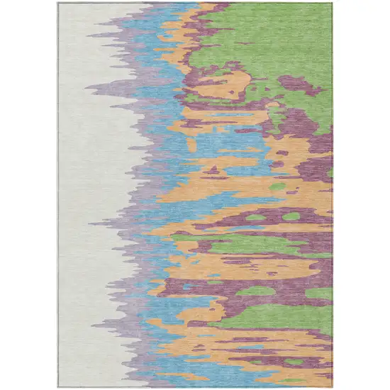 Peach Purple And Green Abstract Washable Indoor Outdoor Area Rug Photo 2