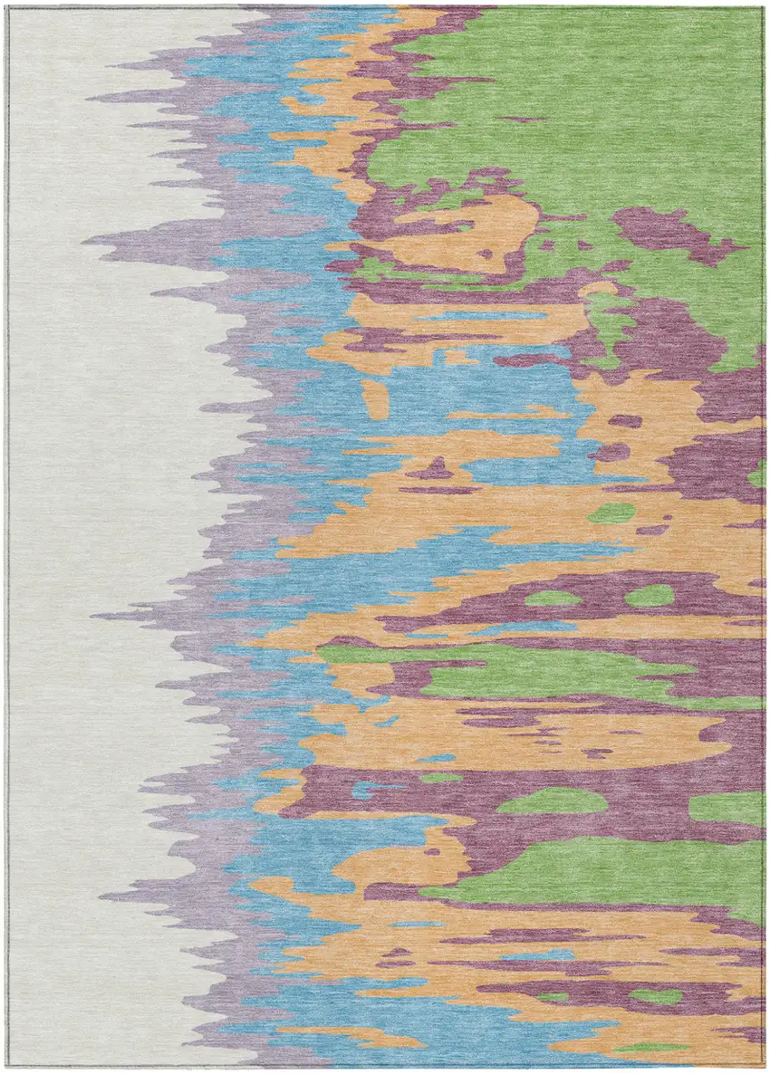 Peach Purple And Green Abstract Washable Indoor Outdoor Area Rug Photo 2