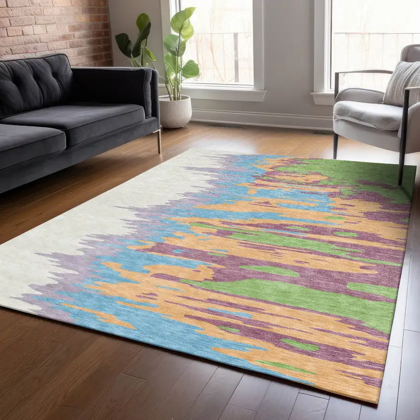 Peach Purple And Green Abstract Washable Indoor Outdoor Area Rug Photo 9