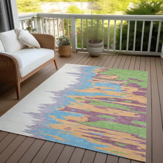 Peach Purple And Green Abstract Washable Indoor Outdoor Area Rug Photo 8