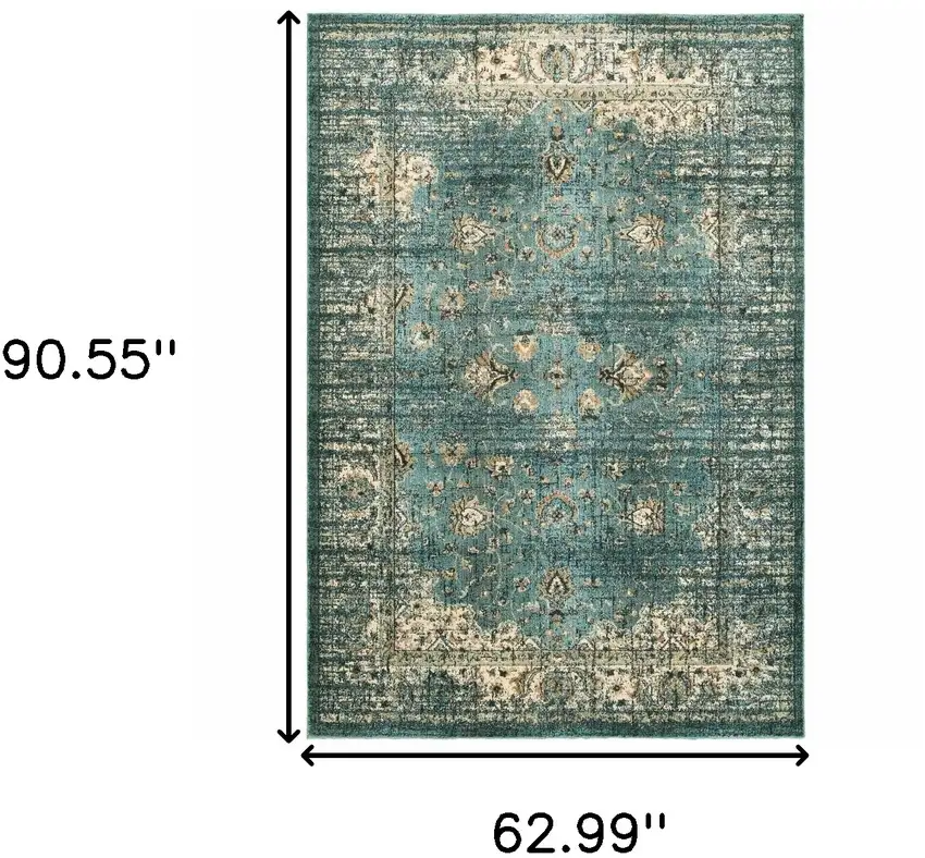 Peacock Blue and Ivory  Indoor Area Rug Photo 5