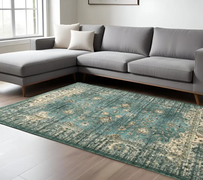 Blue And Ivory Medallion Distressed Area Rug Photo 1