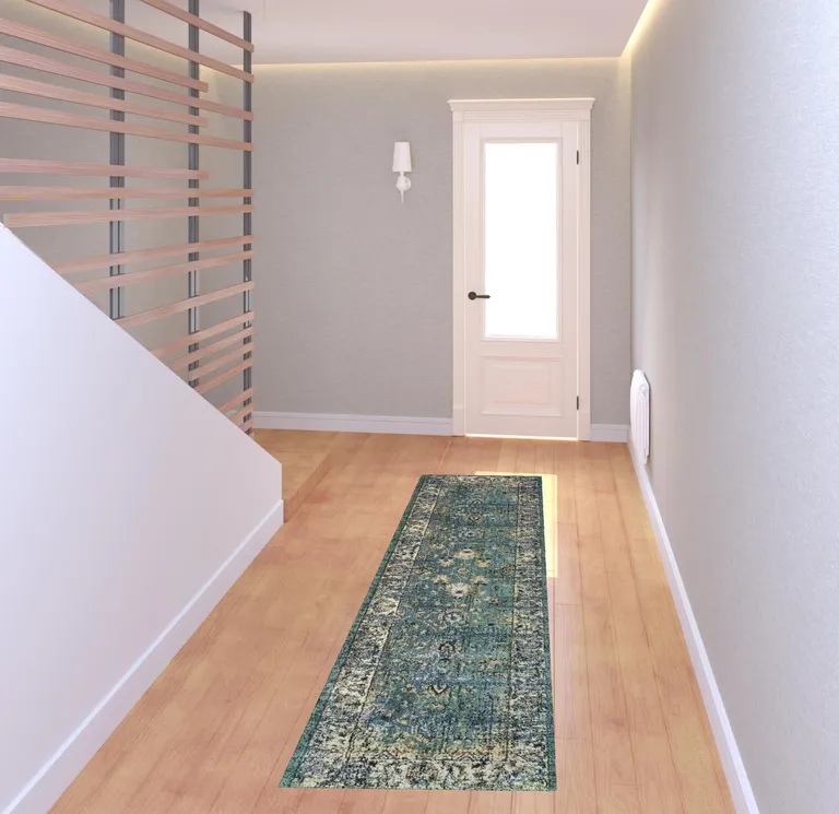 Peacock Blue and Ivory Indoor Runner Rug Photo 3