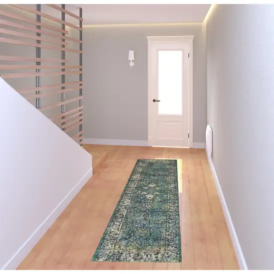 Peacock Blue and Ivory Indoor Runner Rug Photo 3