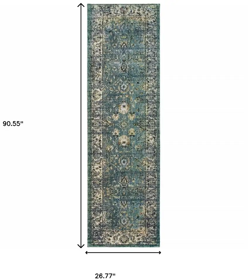 Peacock Blue and Ivory Indoor Runner Rug Photo 4