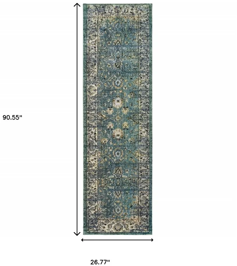 Peacock Blue and Ivory Indoor Runner Rug Photo 4