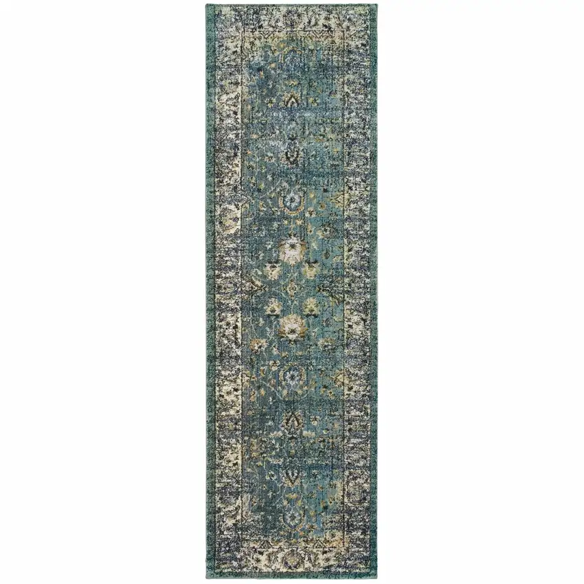Peacock Blue and Ivory Indoor Runner Rug Photo 1