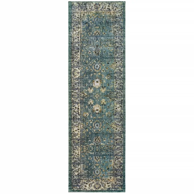 Peacock Blue and Ivory Indoor Runner Rug Photo 1