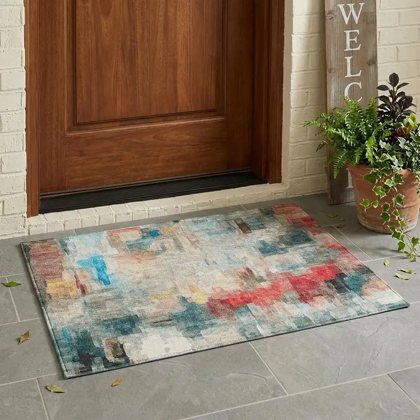 Pearl And Gray Abstract Washable Indoor Outdoor Area Rug Photo 1