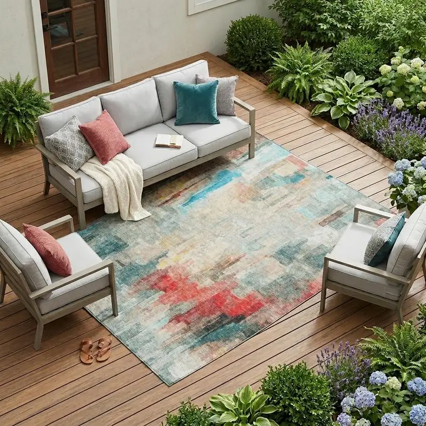 Pearl And Gray Abstract Washable Indoor Outdoor Area Rug Photo 1