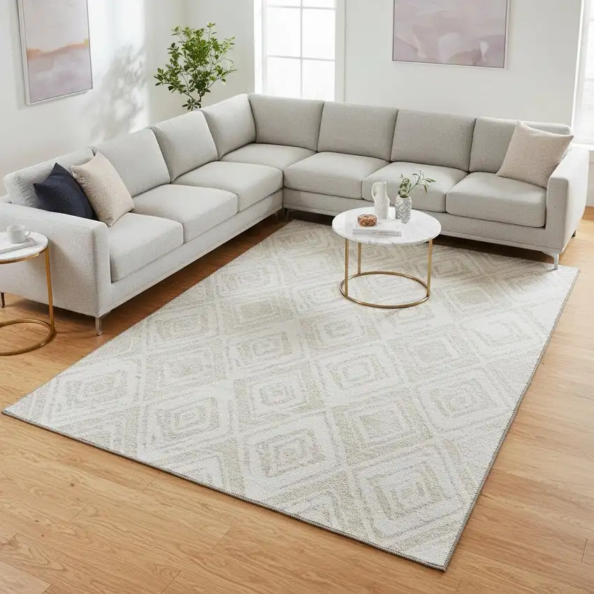 Pearl And Ivory Diamond Washable Area Rug With UV Protection Photo 2