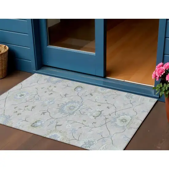 Pearl And Ivory Floral Washable Indoor Outdoor Area Rug Photo 1