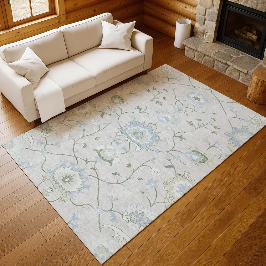 Pearl And Ivory Floral Washable Indoor Outdoor Area Rug Photo 9